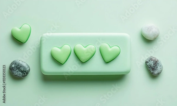 Fototapeta A light green soap bar with heart-shaped decorations and pebbles, evoking a soothing vibe.