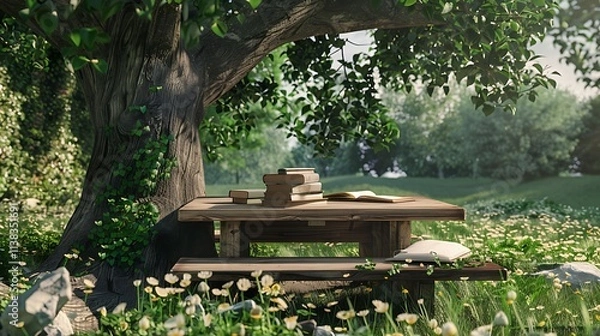 Fototapeta Illustrate an outdoor learning space with a table under a tree, books, and a notepad. 