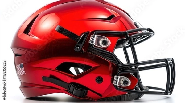 Fototapeta Close-up of a glossy red football helmet with a black face mask, isolated on white background.