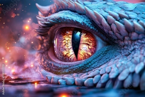 Fototapeta A fantastical scene of a dragon eye glowing in the darkness, framed by its shadowy scales