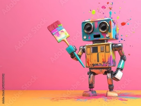 Fototapeta Colorful robot holding a paintbrush with splashes of bright paint on pink background. Concept of creativity, art, and playful imagination.