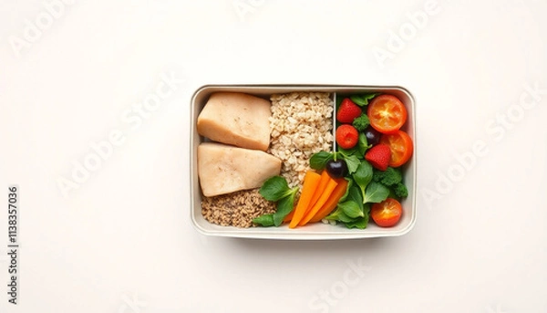 Fototapeta PNG ULTRA HD 8K Diet Box – Balanced Meal with Fresh Ingredients Divided into Compartments, Highlighting Texture and Detail, Resting on a Neutral Background, Ideal for Nutrition, Food Design, Lifestyle
