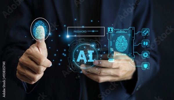 Fototapeta The businessman is using advanced AI technology and biometric security systems, such as fingerprint scanning, to enhance data protection and streamline digital operations.