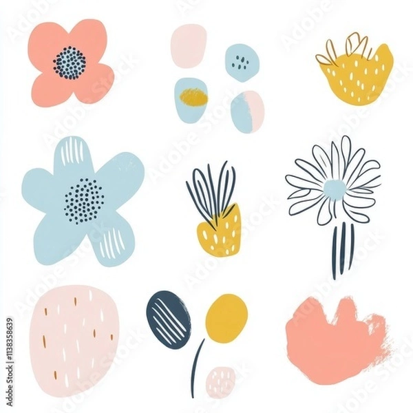Fototapeta Hand-drawn abstract shapes like flowers or clouds in pastel colors on white background.