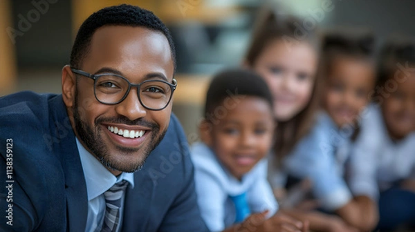 Fototapeta Happy Male Teacher with Diverse Students:  Smiling Educator Fosters Inclusive Learning Environment Joyfully.