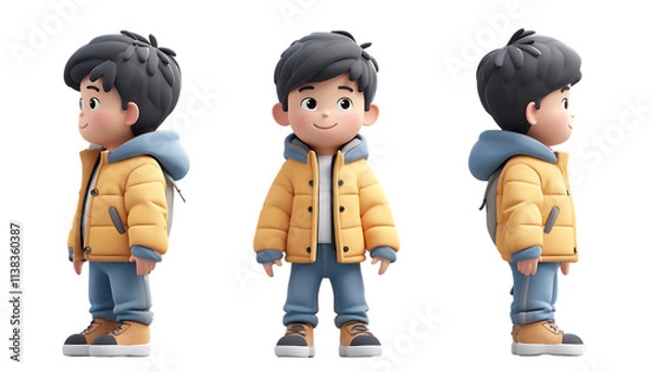 Fototapeta A 3D cartoon-style boy wearing a yellow puffer jacket, light blue hoodie, and matching pants, shown in front, side, and back views, with a cheerful expression, provided as a transparent PNG.
