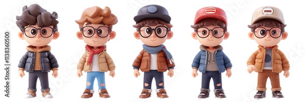 Fototapeta A group of 3D cartoon-style boys with glasses, each wearing a unique winter outfit featuring jackets, scarves, and hats in various colors, displayed in a row, provided as a transparent PNG.