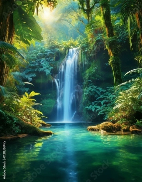 Fototapeta Tropical Waterfall Cascading into Clear Emerald Pool