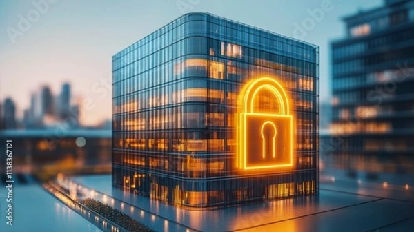 Obraz Illuminated lock graphic on a modern building symbolizing digital security and data protection in urban architecture
