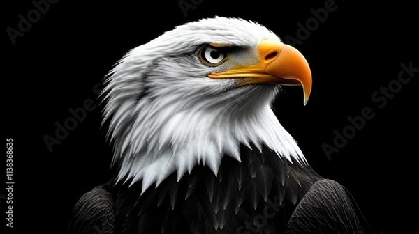 Fototapeta Close-up portrait of an American bald eagle, head and neck, against a black background, showcasing detailed plumage, sharp focus, and intense gaze..
