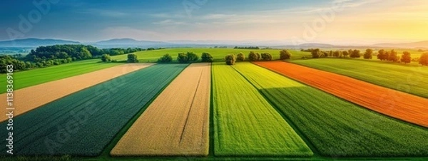 Fototapeta Aerial View of Colorful Agricultural Fields with Sunrise Overrolling Hills in Countryside Landscape