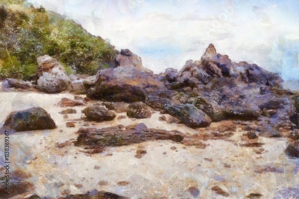 Fototapeta The island's beach landscape illustrated with chalk helps create an impressionistic painting.