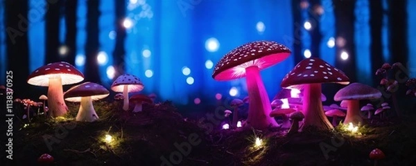 Fototapeta Colorful mushrooms glowing in a mystical forest at night surrounded by magical lights