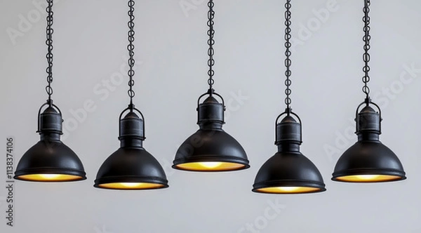 Obraz A set of black pendant lights with an industrial style, hanging from the ceiling against a white background.