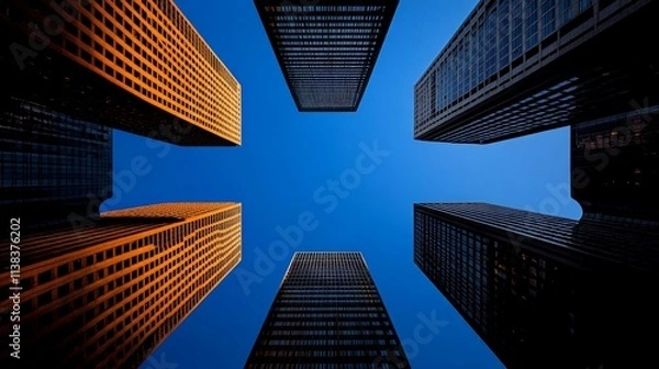 Fototapeta Cityscape Symphony: A breathtaking low-angle perspective showcases a cluster of towering skyscrapers piercing the azure sky.  The architectural giants stand in a powerful symmetry.