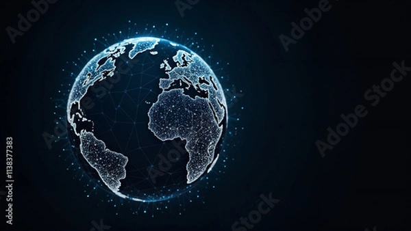 Obraz a glowing blue globe with network lines and dots around it, representing a technological connection