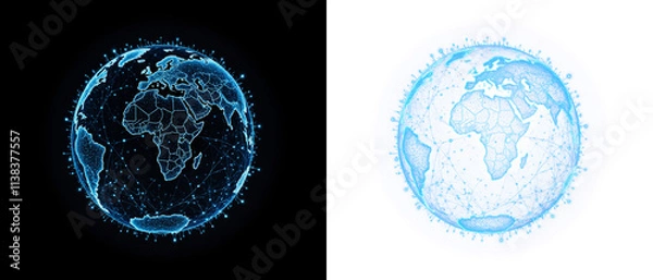 Obraz a glowing blue sphere with network lines and dots around it, representing a world map, on black or transparent alpha background