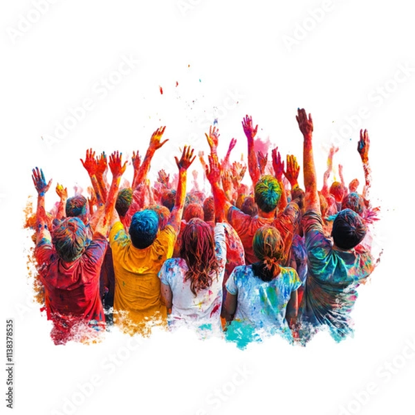 Fototapeta A lively crowd celebrating traditional Holi, filled with festive joy and vibrant colors, isolated on a transparent background.