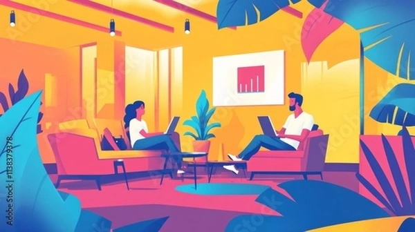 Fototapeta Successful business people working together in a coworking office. Two business professionals working on a tech project. Business colleagues talking to each other.