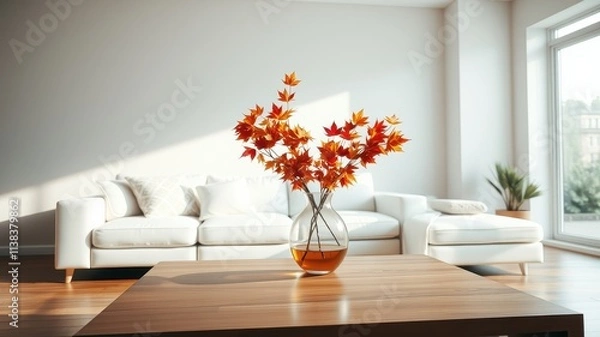 Fototapeta A simple autumnal centerpiece with red leaves in a glass vase on a wooden coffee table in a white living room with a large window
