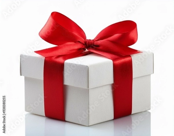 Fototapeta white gift box with red ribbon bow isolated on white background