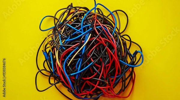 Fototapeta A top view of a tangled mess of colorful wires on a yellow background