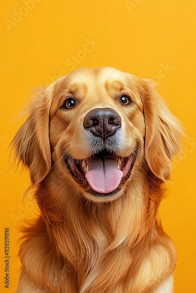 Obraz Cute golden retriever popping out with tongue out cheerful expression bright yellow background