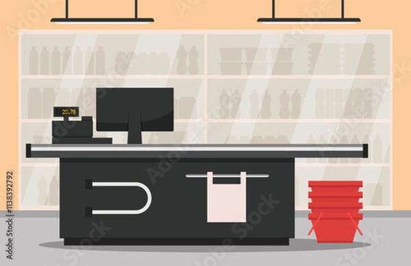 Fototapeta Empty supermarket store interior with shelves in flat style. Checkout counter. Interior store inside. Vector stock