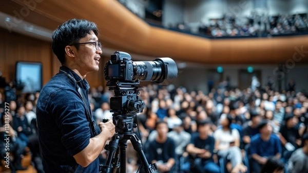 Fototapeta A high-tech video camera on a tripod capturing a seminar speaker, an Asian professional addressing a crowd with enthusiasm