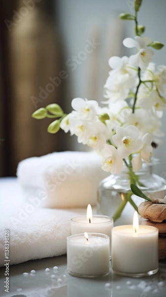 Fototapeta A spa setting featuring a towel rolled up beside lit candles and smooth stones. Fern leaves and a small bowl of black pebbles add to the serene atmosphere, set against a warm wooden background.