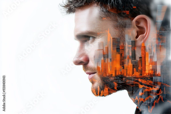 Fototapeta Double exposure of a man’s profile blended with a futuristic city skyline in vibrant orange tones, symbolizing vision and urban innovation