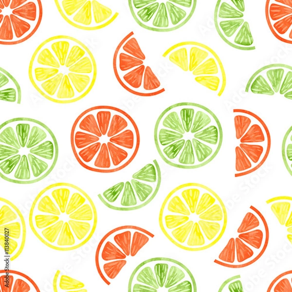 Fototapeta Watercolor citrus seamless pattern. Vector background with lemon, orange and lime slices isolated on white. Can be used for wallpaper, web page design, textile, backgrounds. 