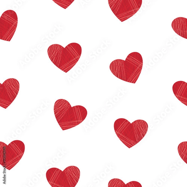 Fototapeta Hearts seamless pattern. Vector background with red hearts isolated on white. Can be used for  wallpaper, backgrounds, web page design, Valentine`s cards, textile. 