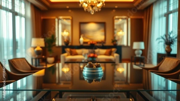 Fototapeta A glass table with a bowl of fruit in the foreground,  the blurred background features a plush living room with a sofa, chairs, and a chandelier