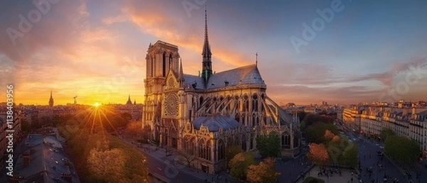Fototapeta Notre Dame Cathedral at sunset, panoramic view of Parisian cityscape.
