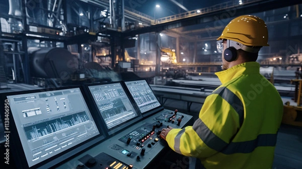 Fototapeta A steel mill operator monitors AI-driven temperature controls in a high-tech industrial environment showcasing advanced technology and professional safety measures