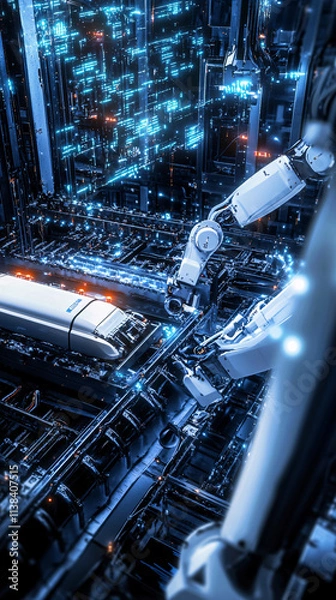Fototapeta A vertical view of an automated robotic system showcasing precision and advanced technology with glowing circuits and robotic arms in action