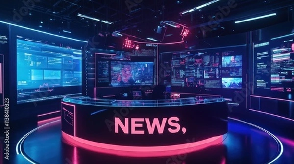Fototapeta Futuristic news studio with glowing screens displaying data and news.