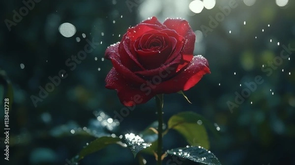 Fototapeta A Single Red Rose Glistens With Dew Drops