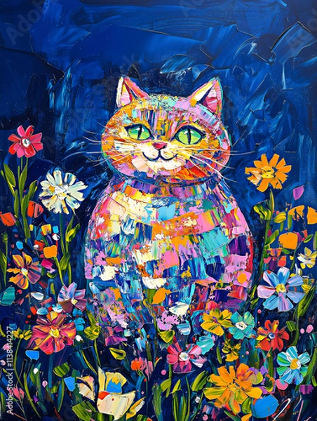 Obraz Abstract drawing of a funny cat surrounded by flowers on a dark blue background. Color illustration, portrait of a cat. Oil painting, vertical cover