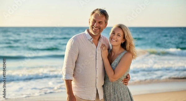 Fototapeta Joyful mature caucasian couple enjoying a romantic beach walk at sunset for relaxation and togetherness