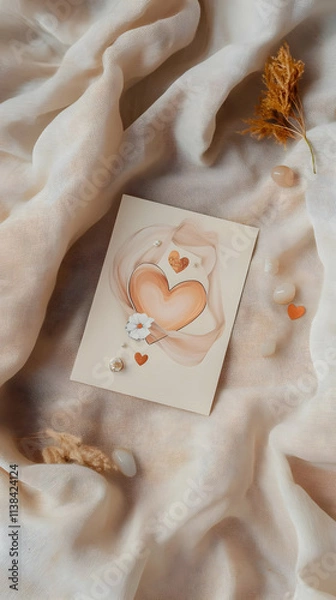 Fototapeta A soft, artistic card featuring a heart and floral elements on a textured background.