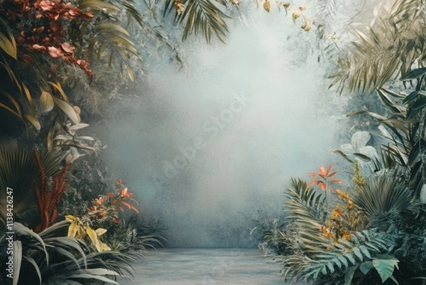 Obraz Tropical Paradise: Lush Greenery and Misty Background. Digital Background.