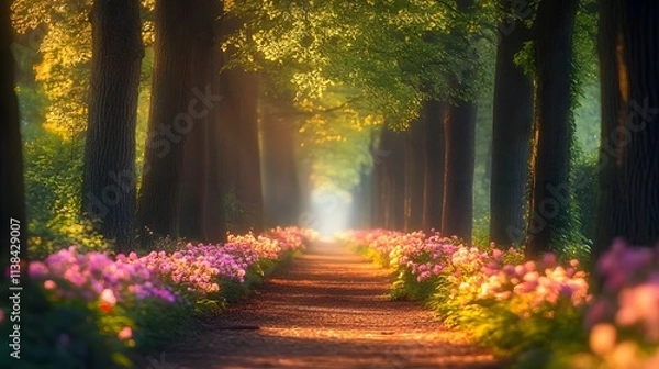 Obraz 83. An ethereal woodland path lined with blooming flowers, softly illuminated