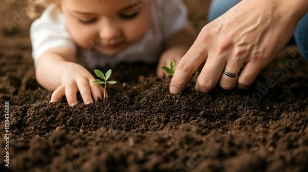 Fototapeta A child and an adult planting seedlings in rich soil, fostering a connection with nature and nurturing growth.