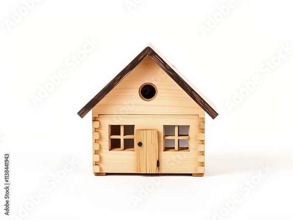 Fototapeta Minimalist Wooden Model House. Toy-Like Log Cabin in Neutral Tones. Small wooden house isolated on white background 