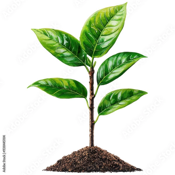 Fototapeta Lush Green Plant with Vibrant Leaves Emerging from Rich Soil Against a White Background