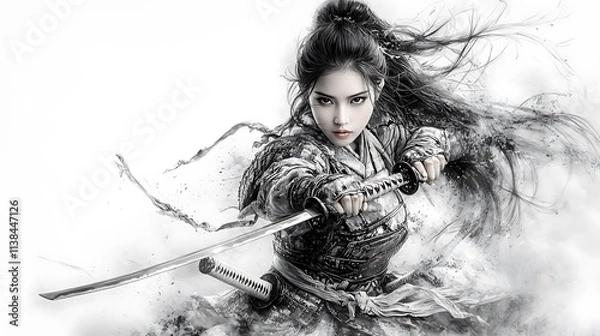 Fototapeta A female samurai wielding a katana in a powerful stance, drawn in charcoal. Her intricate armor and focused expression are enhanced by dramatic lighting and a blurred background for depth. Ultra-Reali