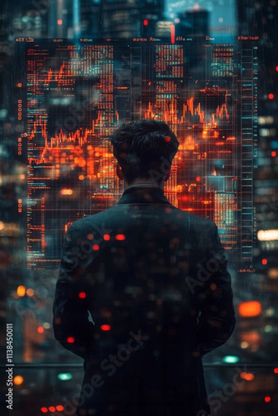Fototapeta A businessman looking at a digital screen with stock charts and graphs showing upward trends, symbolizing successful investments,