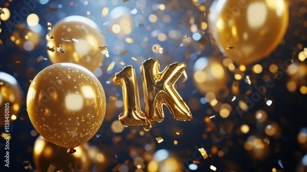 Fototapeta Glittering "1K" Gold Foil Balloons with Flying Confetti Celebrating 1,000 Subscribers in a Festive Atmosphere